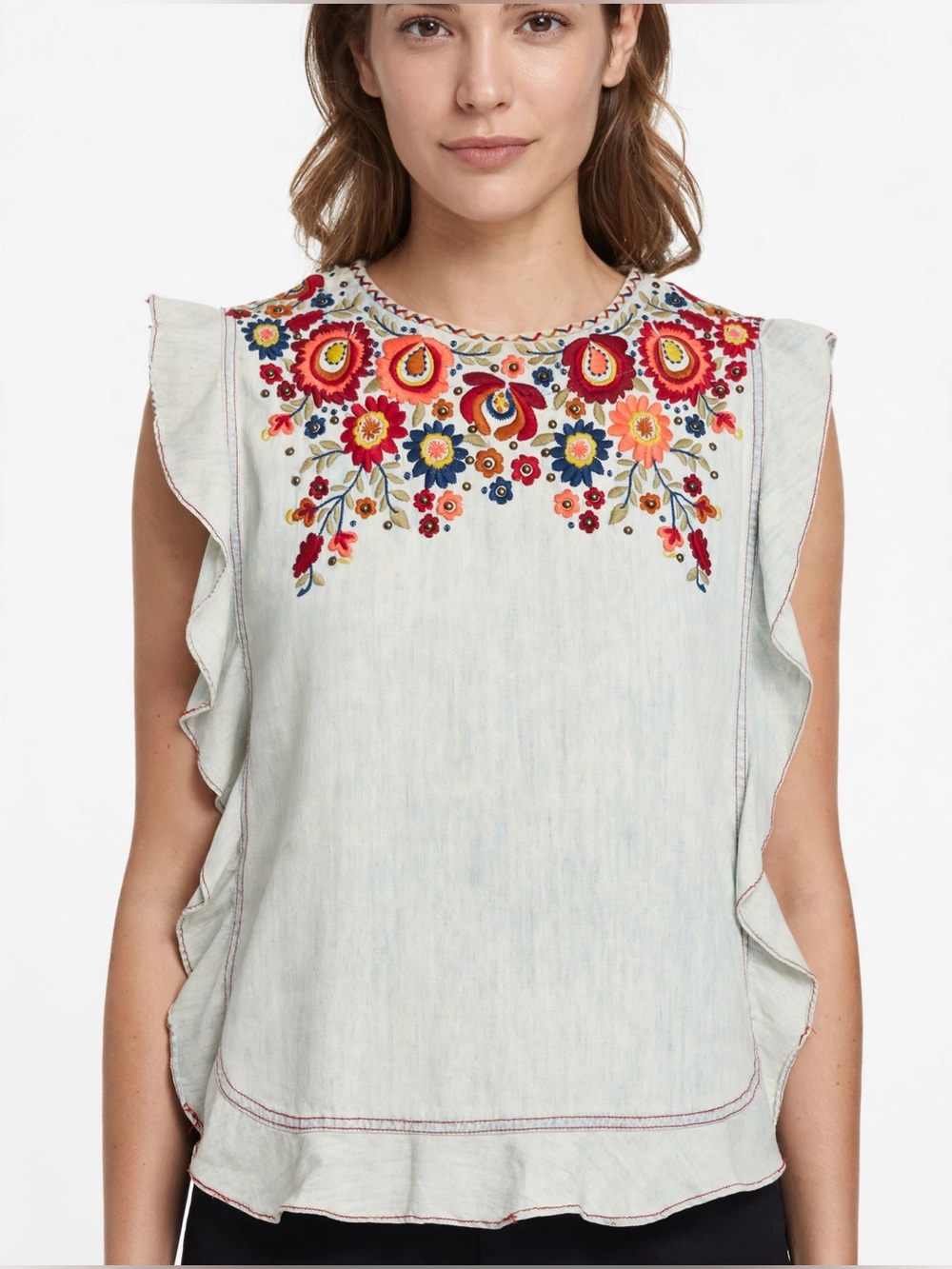 DOUBLE D RANCH Embroidered Sleeveless Chambray Top - XS